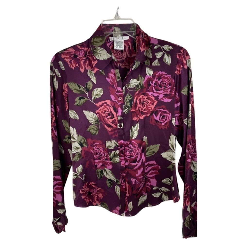 ICE Vintage Purple Floral 100% Silk Blouse 4 Y2K